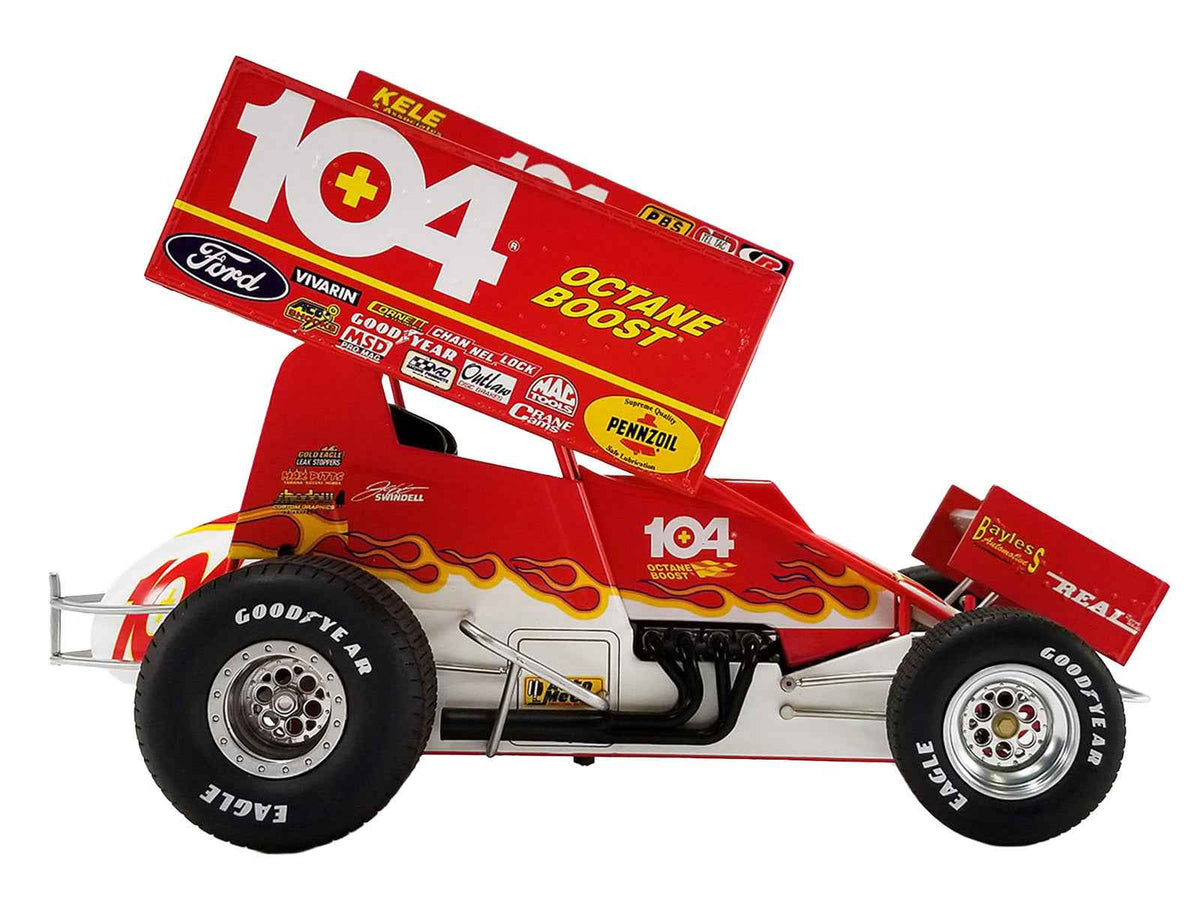 Miniature Motors 1/18 diecast Winged Sprint Car #104 Jeff Swindell "Octane Boost" with red graphics for the National Sprint Car Hall of Fame.