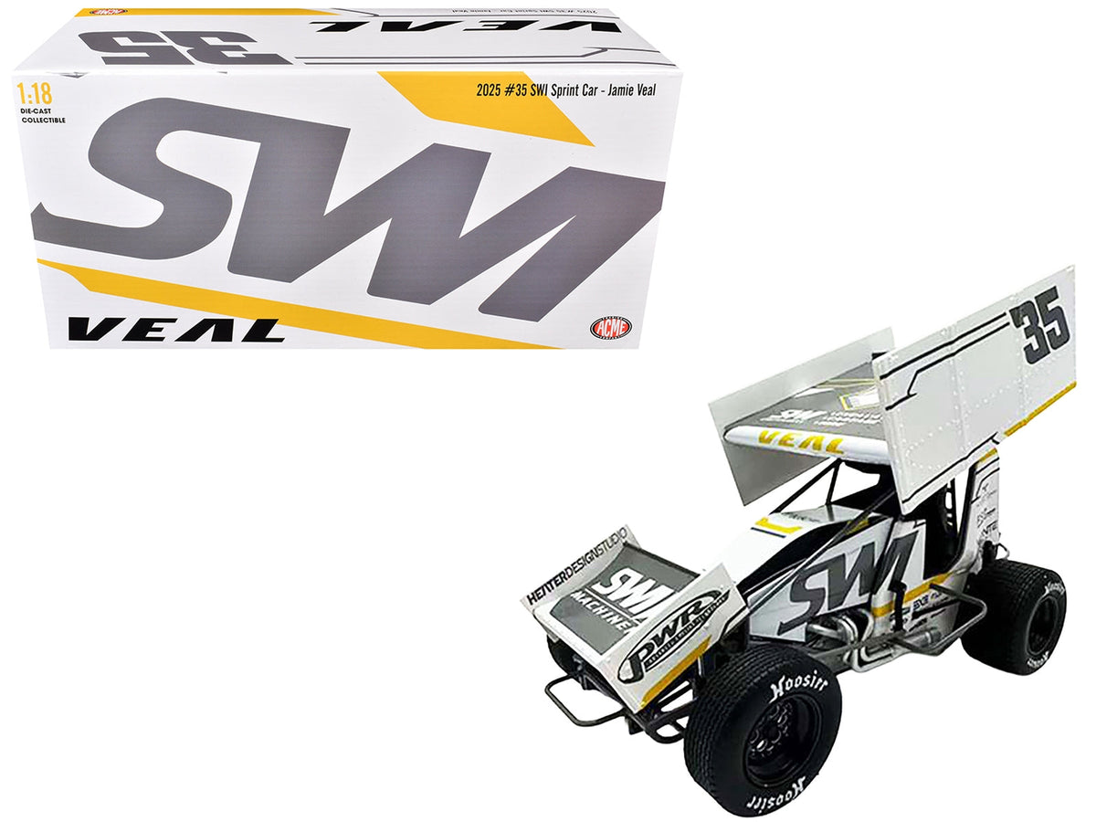 White Winged Sprint Car #35 Jamie Veal "SWI Earthworks" 1/18 diecast model by Miniature Motors, detailed miniature race car.