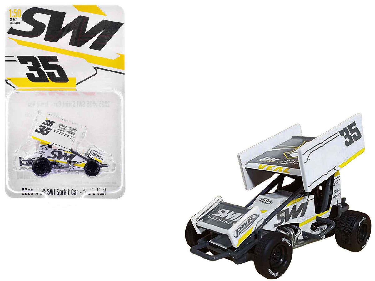 Miniature Motors 1/50 diecast Winged Sprint Car #35 Jamie Veal "SWI Earthworks" white model car, detailed replica with wing and decals.