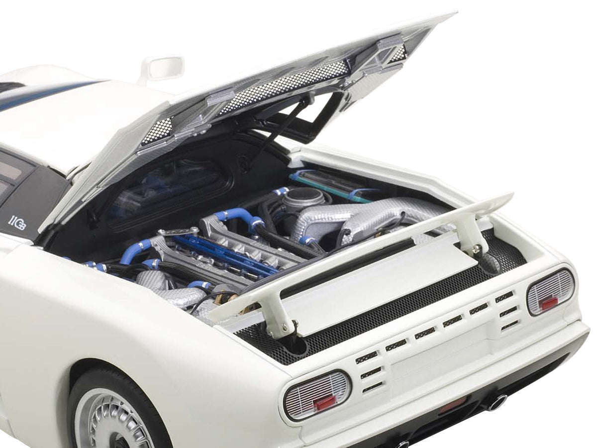 White Bugatti EB110 GT 1/18 diecast model car by Autoart, detailed miniature Bugatti model from Miniature Motors collection.