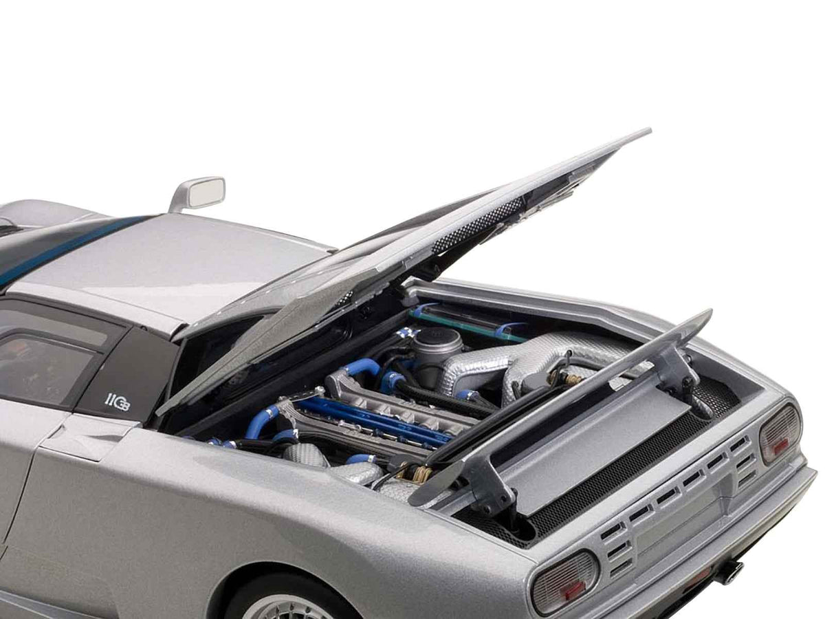 Silver Bugatti EB110 GT diecast car model by Autoart, 1/18 scale, detailed miniature replica from Miniature Motors.