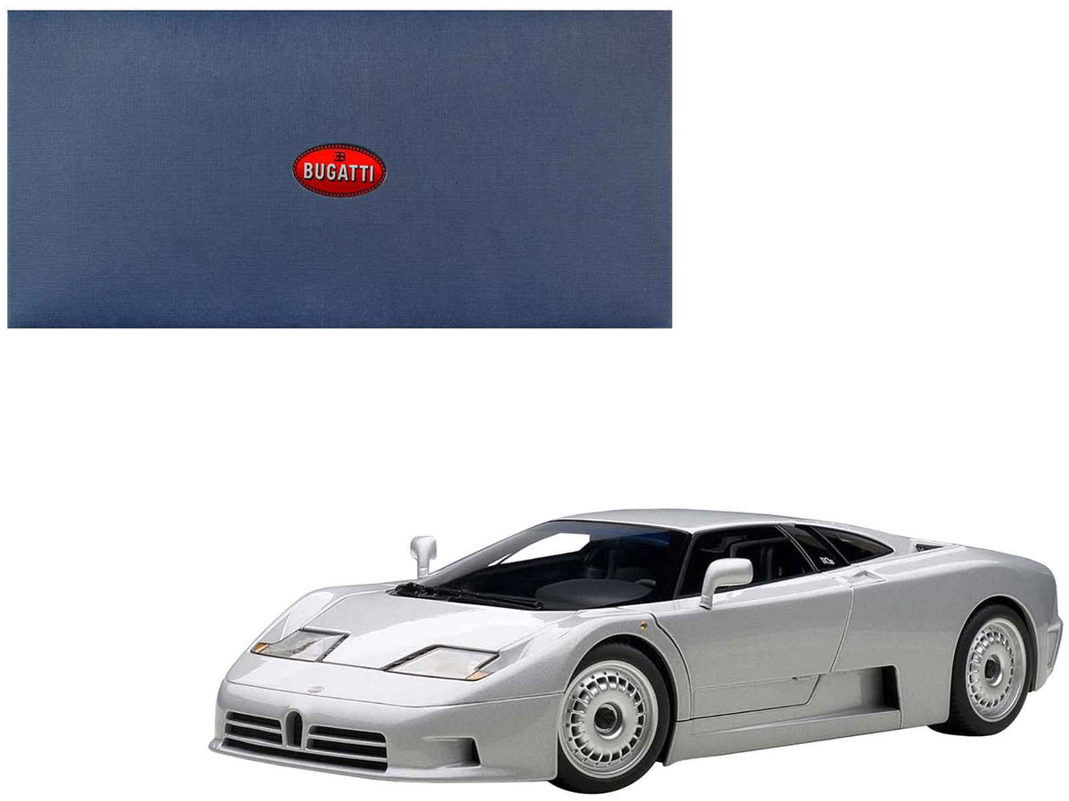 Silver Bugatti EB110 GT diecast car model by Autoart, detailed 1/18 scale miniature from Miniature Motors.