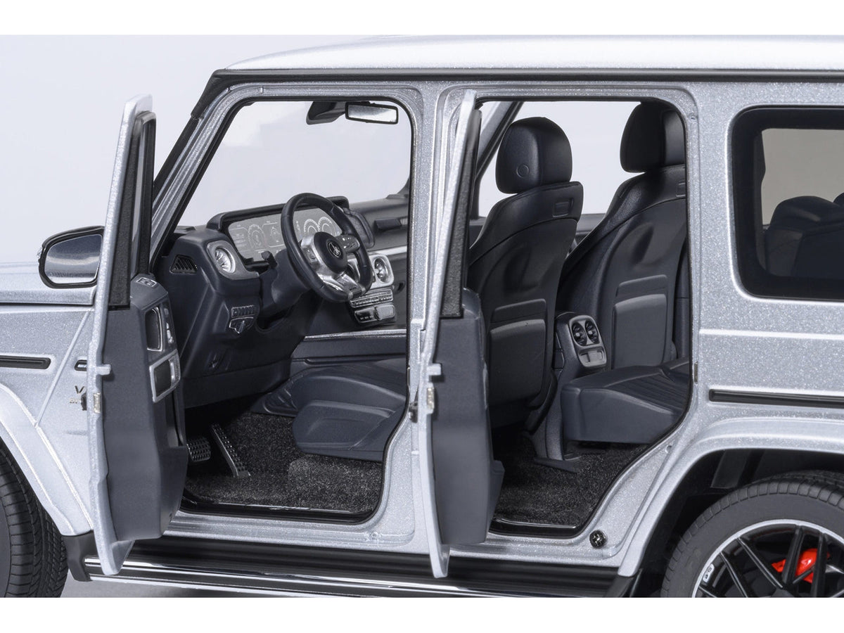 Miniature Mercedes-Benz AMG G63 2019 model car in iridium silver metallic by Autoart, detailed 1/18 scale Mercedes model.