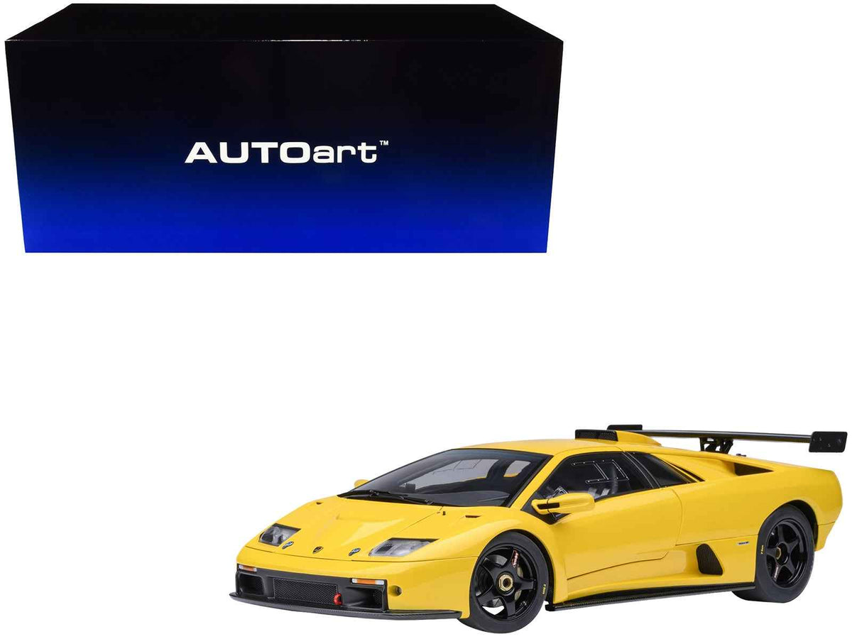 Miniature Motors Lamborghini Diablo GTR Superfly yellow 1/18 scale model car by Autoart, detailed collectible automotive replica.