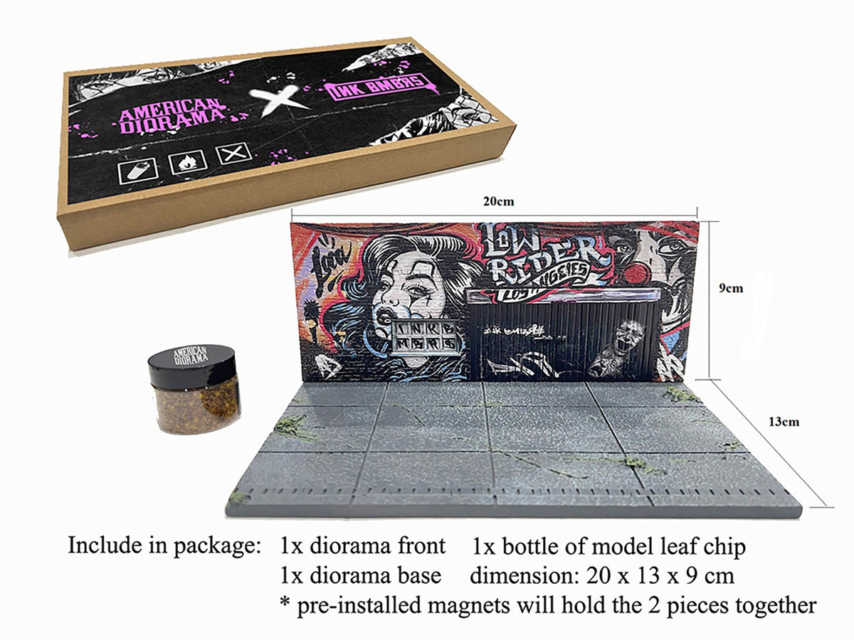Miniature Motors American Diorama X INK BMBRS LA Lowrider street art diorama for 1/64 scale models, showcasing vibrant urban scene