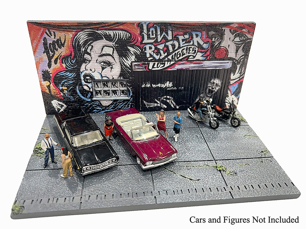 Miniature street art diorama featuring a LA lowrider scene for 1/64 scale models by American Diorama, with detailed urban background.