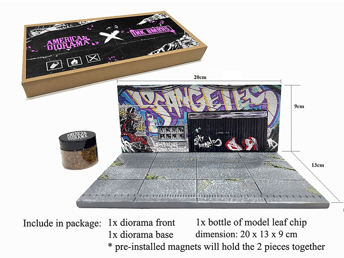 Miniature Diorama by Miniature Motors featuring LA graffiti street art for 1/64 scale models, showcasing urban graffiti scene.