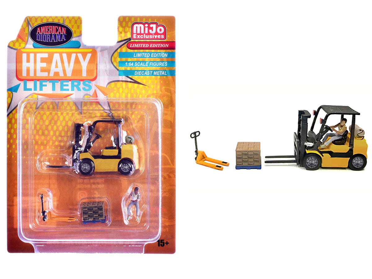 Miniature Motors Heavy Lifters 4-piece diecast set for 1/64 scale models by American Diorama, featuring detailed construction vehicles.