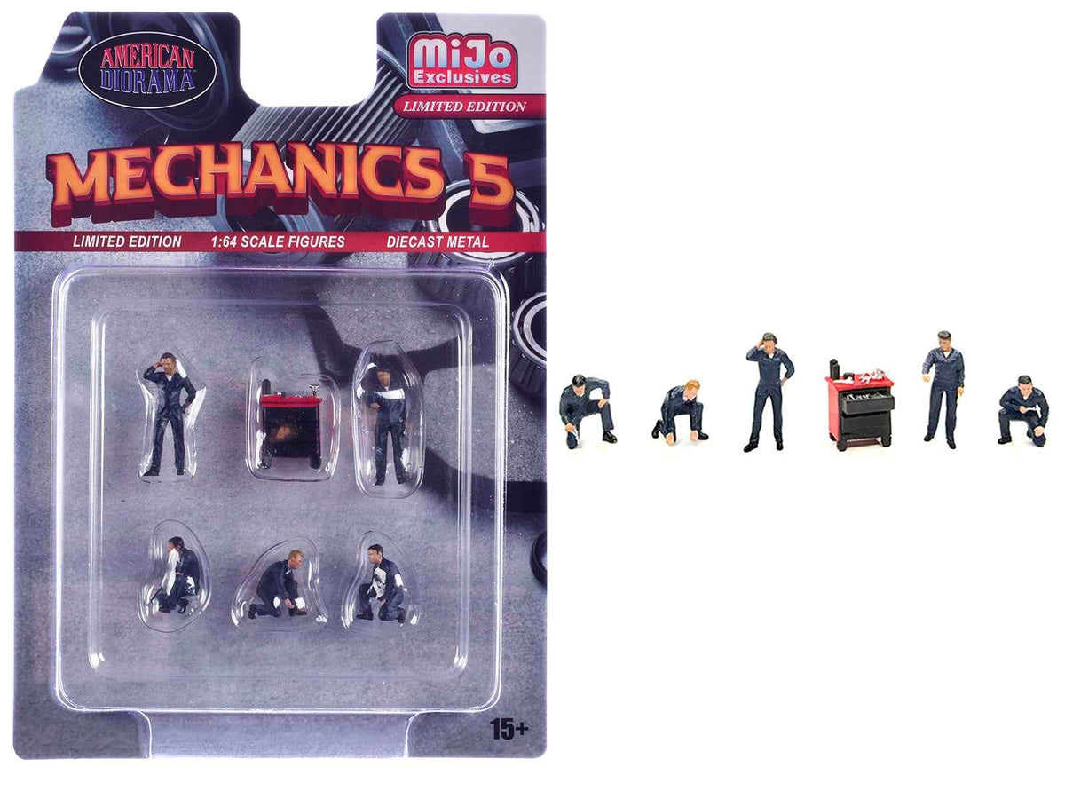 Six-piece 1/64 scale diecast figure set with five figures and a tool cabinet by Miniature Motors, part of the Mechanics #5 limited edition collection.
