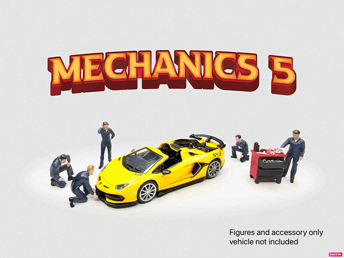 Miniature Motors Mechanics #5 6-piece diecast figure set with 5 figures and a tool cabinet for 1/64 scale model dioramas.