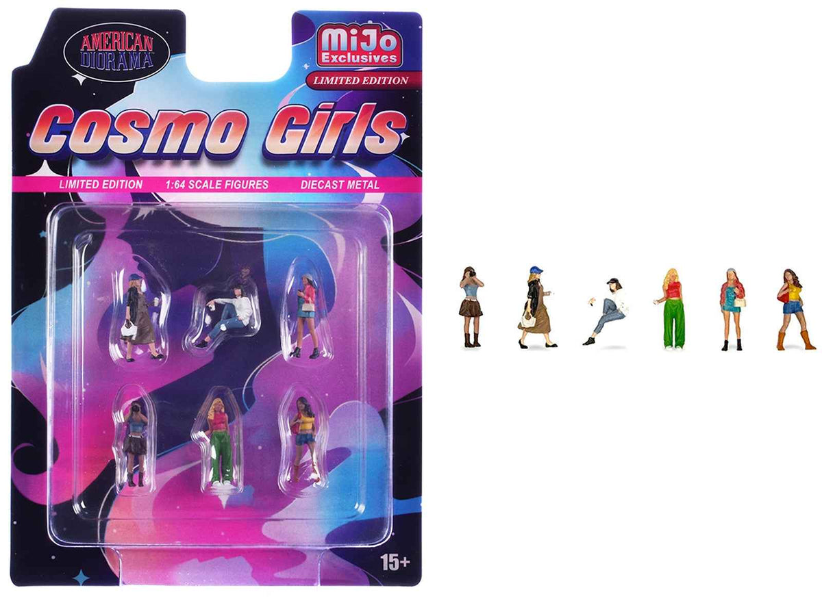 Six detailed Miniature Motors "Cosmo Girls" 1/64 scale diecast figure set by American Diorama, limited edition, includes six figures.