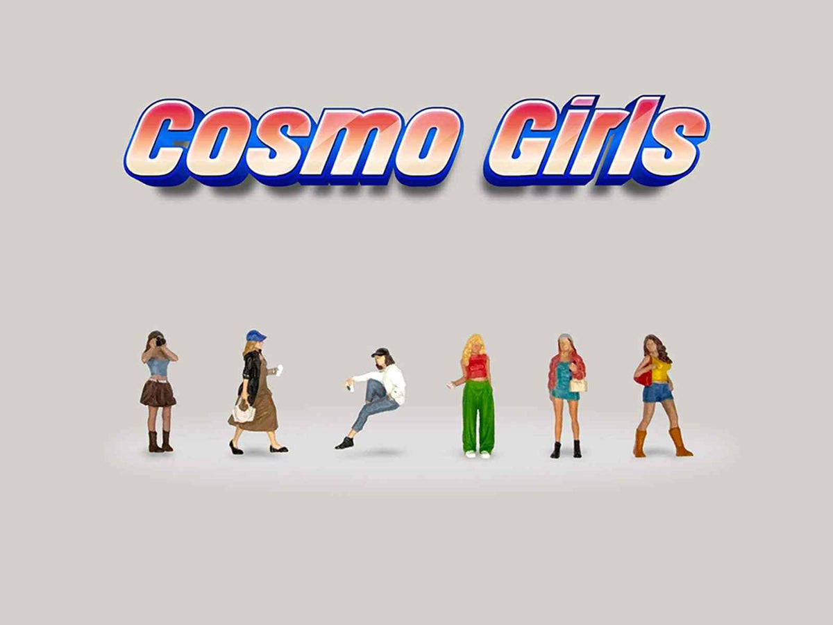 Six detailed 1/64 scale diecast figures from the "Cosmo Girls" limited edition set by Miniature Motors, designed for American Diorama models.