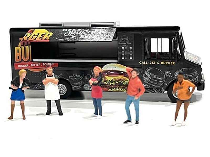 Miniature Motors diecast model of black Food Truck "The Burger Truck" with graphics, 1/64 scale by American Diorama.