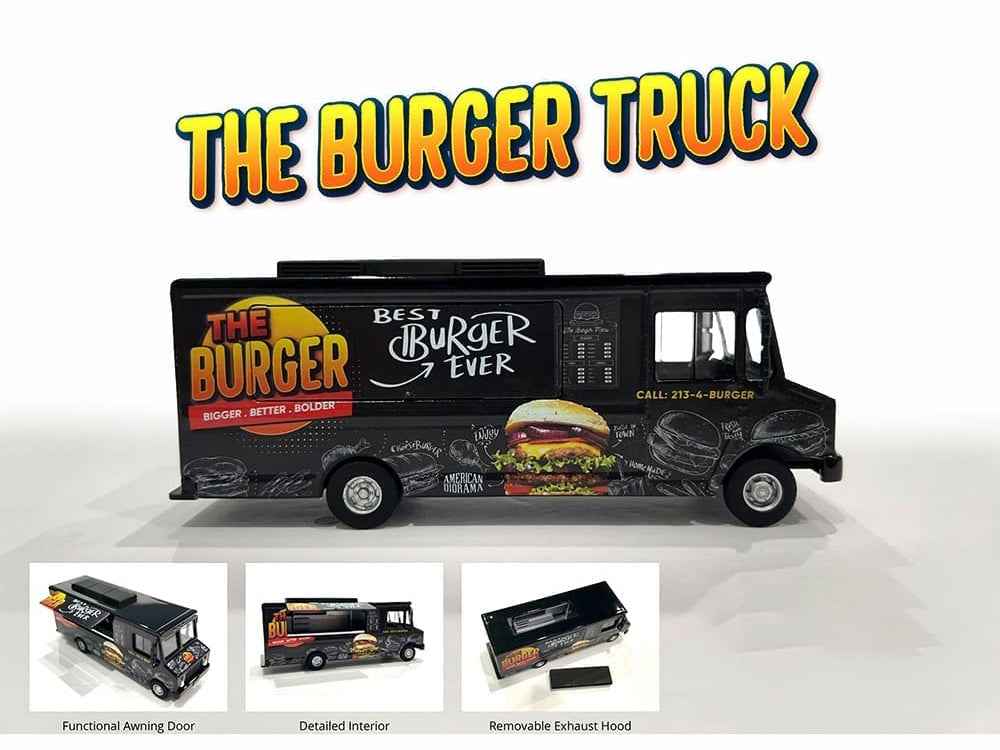 Miniature Motors 1/64 diecast model of black food truck "The Burger Truck" with graphics by American Diorama.