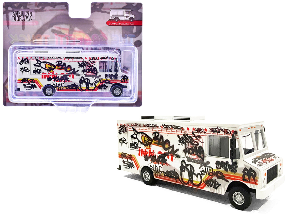 White diecast model of Food Truck "The Graffiti Truck" by Miniature Motors, detailed graphics, 1/64 scale, American Diorama.