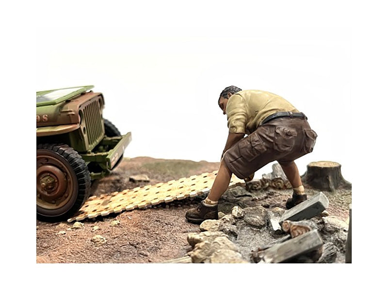 Miniature Motors 4x4 Mechanic figure with board accessory for 1/18 scale models, detailed American Diorama figure for dioramas