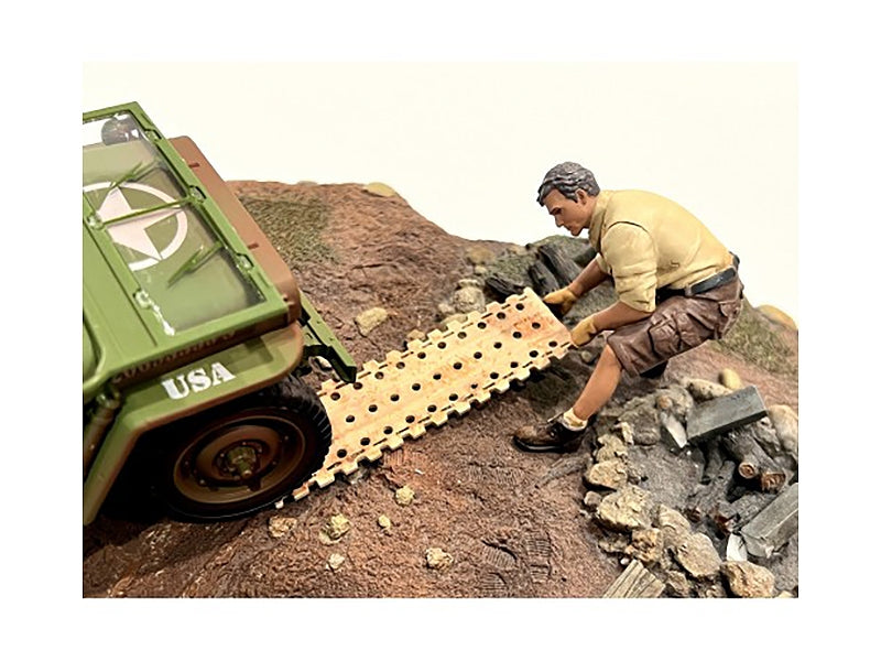 Miniature Motors 4x4 Mechanic figure with board accessory for 1/18 scale models by American Diorama, detailed and realistic.