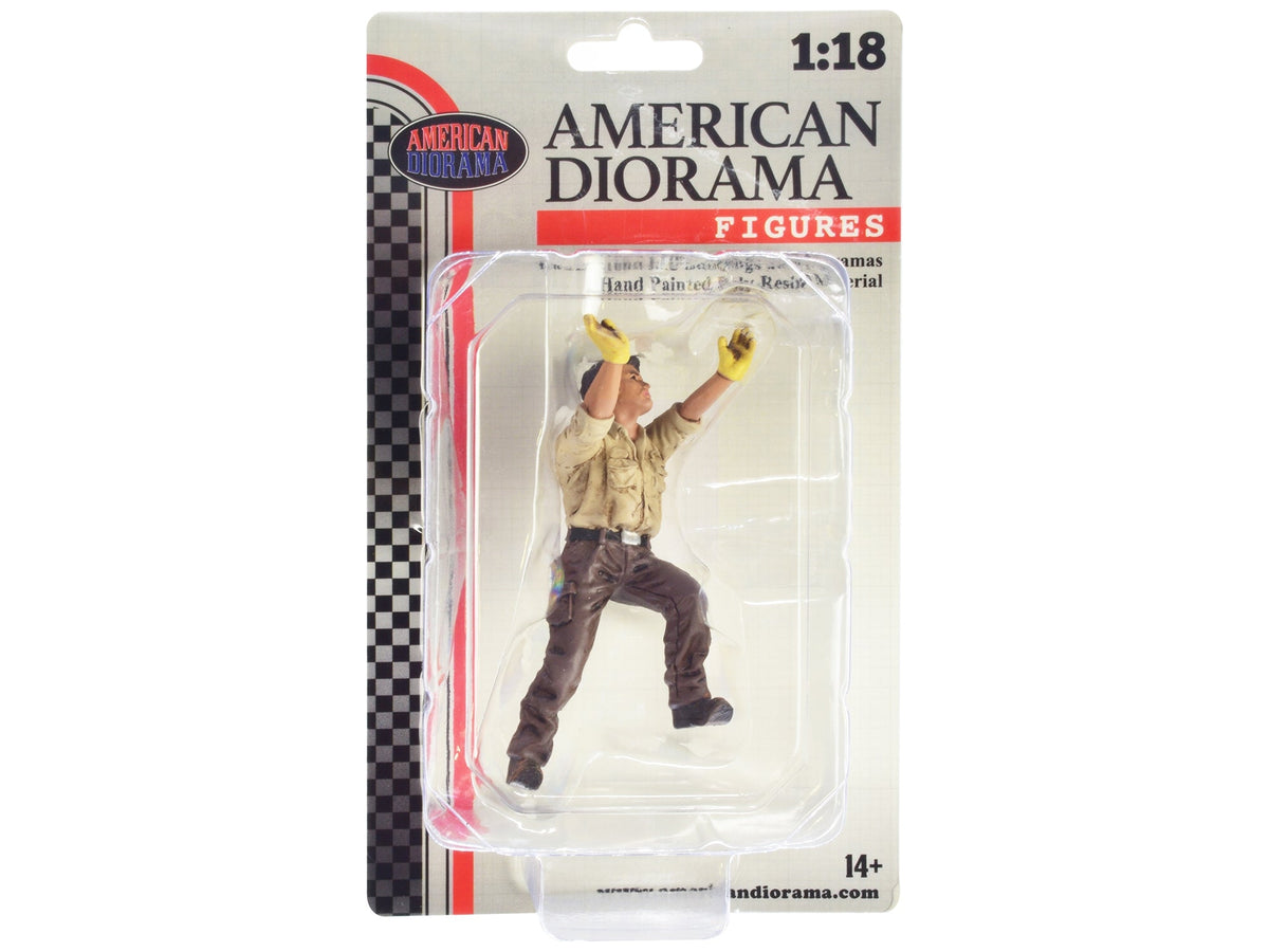 Miniature 4x4 Mechanic figure by Miniature Motors for 1/18 scale model car diorama, detailed figure in mechanic attire.