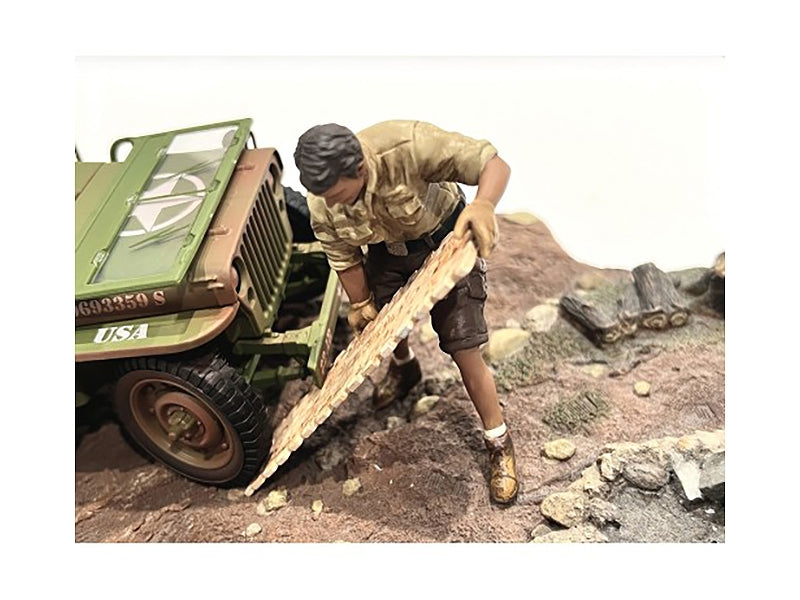 Miniature 4x4 mechanic figure with board accessory for 1/18 scale models by Miniature Motors, detailed American Diorama figure.