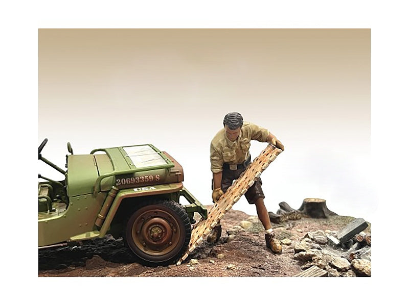 Miniature 4x4 mechanic figure by Miniature Motors with board accessory for 1/18 scale models, detailed and realistic.