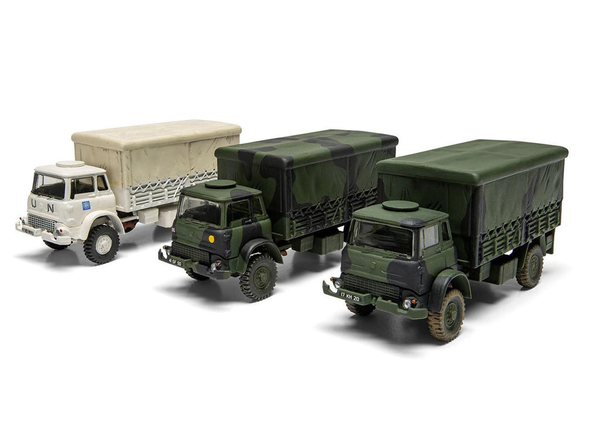 Miniature Motors British Army 4-ton 4x4 GS Truck Model Kit in 1/76 scale, featuring three camouflage scheme options.
