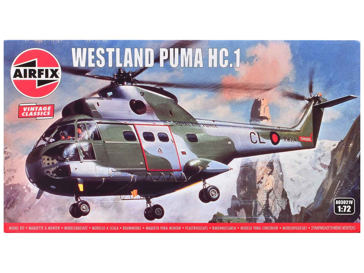 Miniature Motors Westland Puma HC.1 helicopter 1/72 plastic model kit by Airfix, featuring two scheme options and detailed military design.