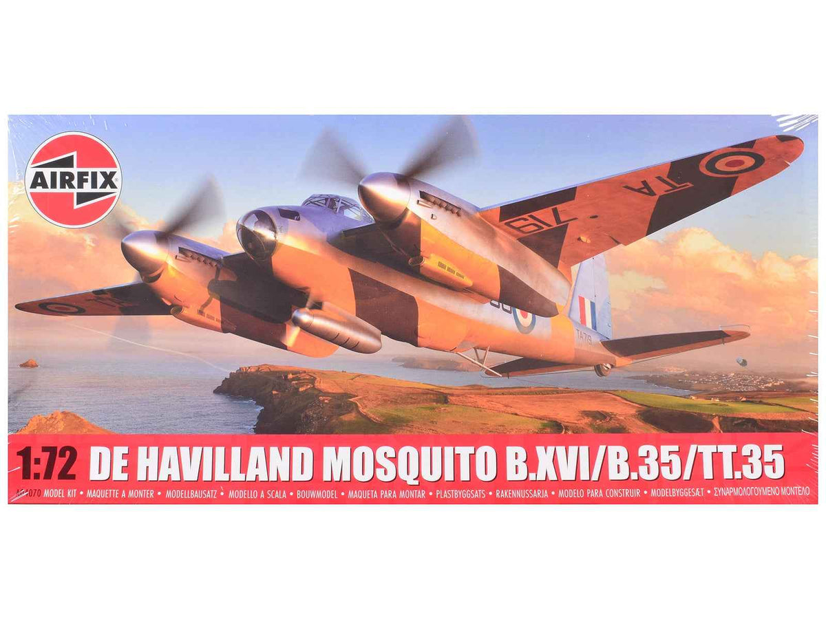 De Havilland Mosquito B.XVI model kit by Airfix featuring three scheme options, 1/72 scale military plastic aircraft model.