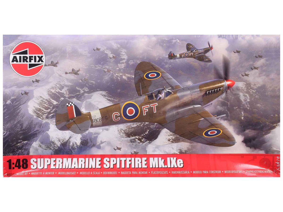 Miniature Motors Supermarine Spitfire Mk.IXe Model Kit with 3 scheme options, 1/48 plastic military aircraft model by Airfix.