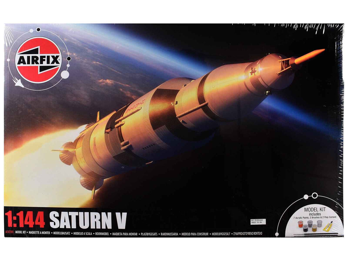 Miniature Motors Level 3 NASA Saturn V Rocket model kit by Airfix, 1/144 plastic construction set with detailed rocket parts.