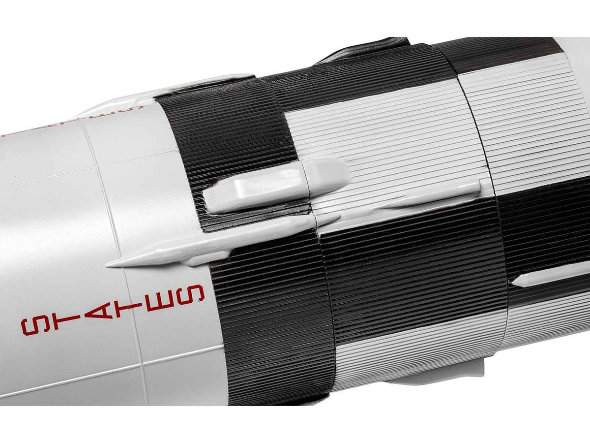Miniature Motors NASA Saturn V Rocket Model Kit 1/144 by Airfix, assembled plastic model displaying detailed rocket features.