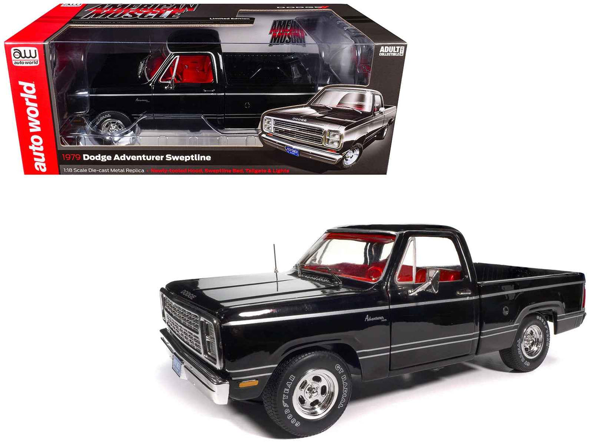 Black 1979 Dodge Adventurer Sweptline pickup truck diecast model with red interior, part of Auto World's American Muscle series.