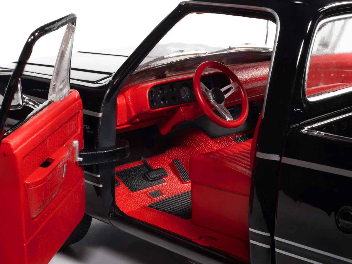 Black 1979 Dodge Adventurer Sweptline pickup truck diecast model with red interior, part of Miniature Motors American Muscle series.