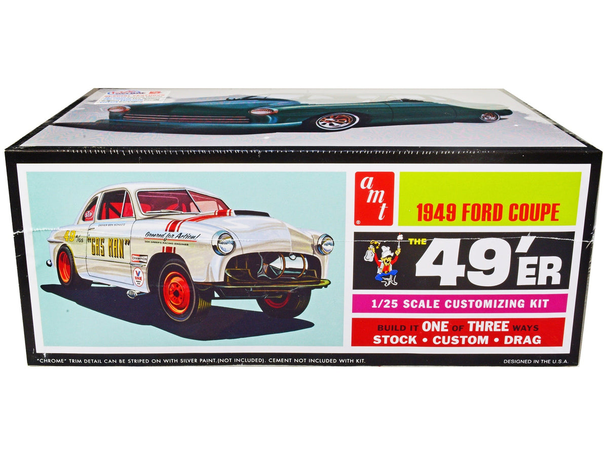 Detailed image of the Skill 2 Model Kit 1949 Ford Coupe "The 49'er" 1/25 scale model by Miniature Motors, featuring parts for assembly.