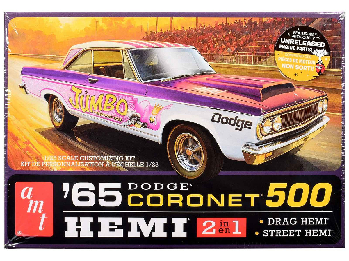 Detailed image of the Skill 2 Model Kit 1965 Dodge Coronet 500 Hemi 1/25 scale by Miniature Motors, showing assembled model parts.