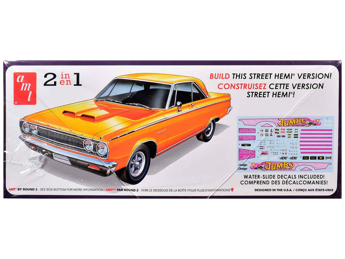 Detailed image of the Skill 2 Model Kit 1965 Dodge Coronet 500 Hemi 2-in-1 scale model by Miniature Motors showing assembled parts.