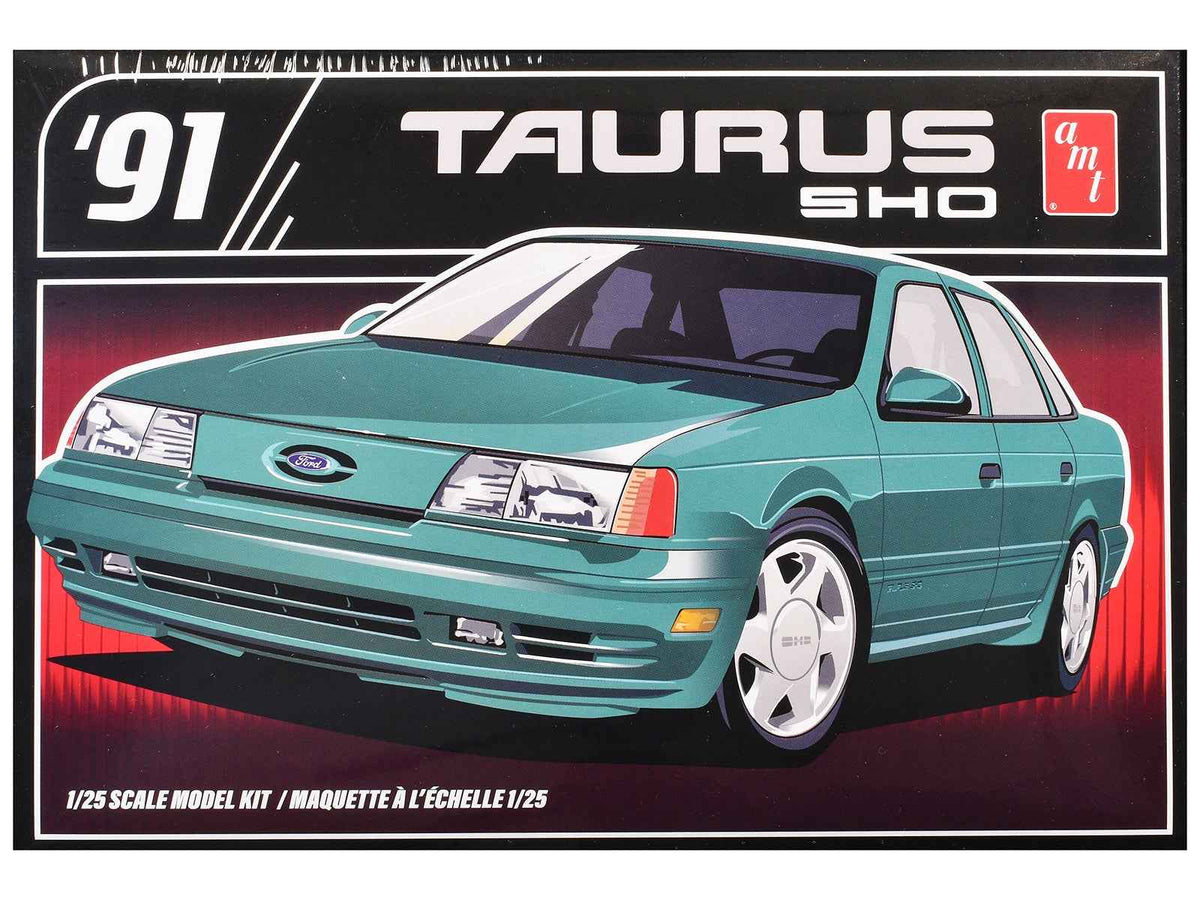 Miniature Motors 1/25 scale Ford Taurus SHO model kit by AMT, detailed 1991 Ford car replica, shown in packaging.