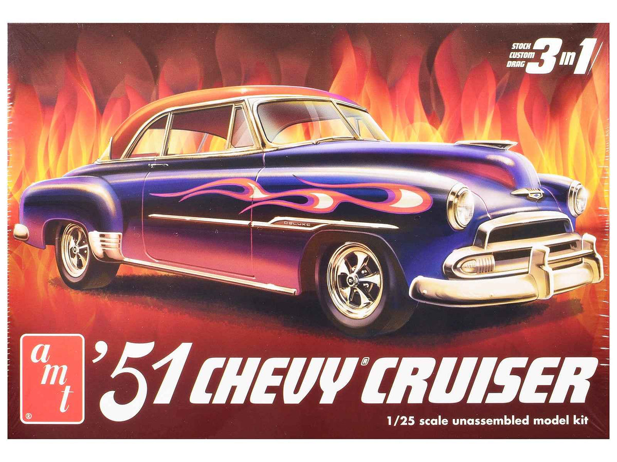Miniature Motors 1/25 scale Skill 2 Model Kit of a 1951 Chevrolet Cruiser, featuring detailed 3-in-1 assembly options.