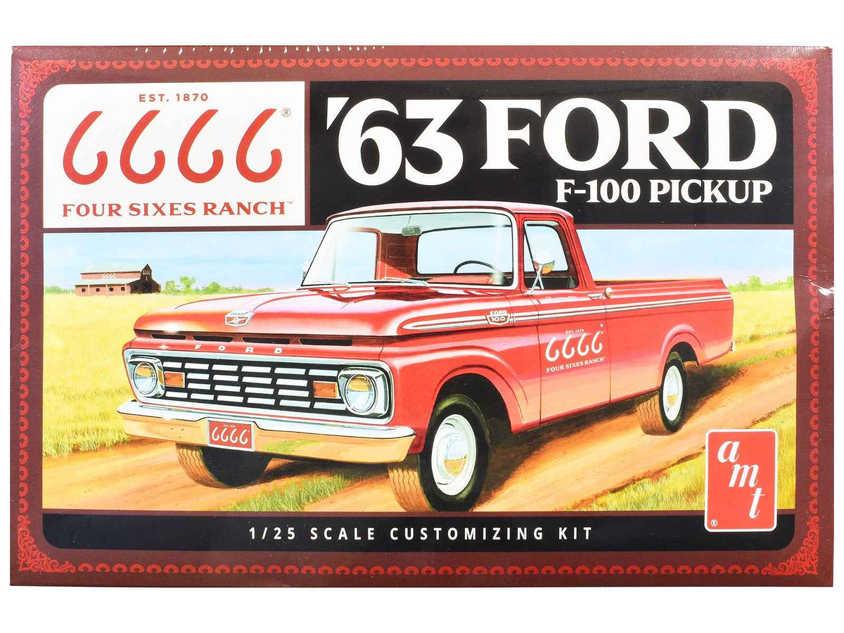 Miniature Motors 1/25 scale Skill 2 Model Kit of 1963 Ford F-100 Pickup Truck "Four Sixes Ranch" by AMT, detailed model image.