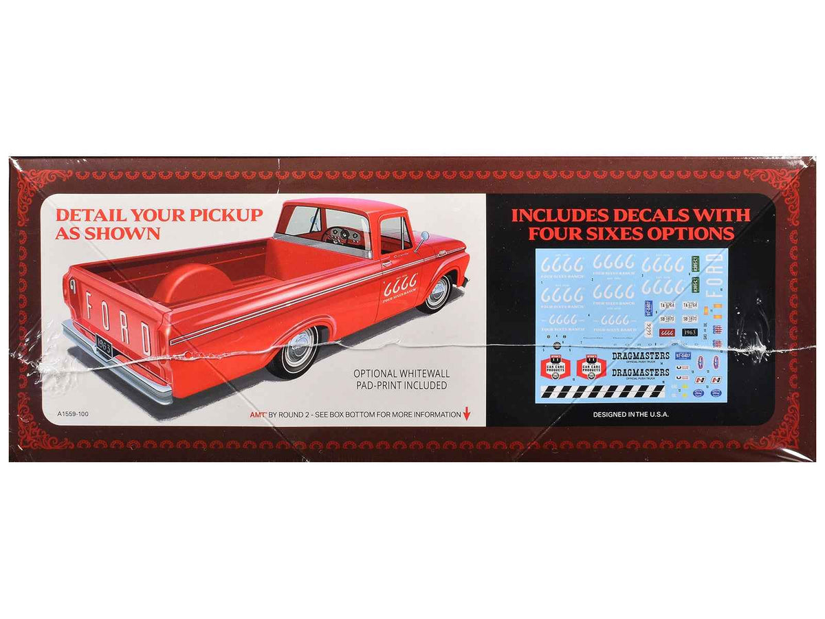 Miniature Motors 1/25 scale Skill 2 Model Kit of 1963 Ford F-100 Pickup Truck "Four Sixes Ranch" by AMT, detailed model with assembly parts.