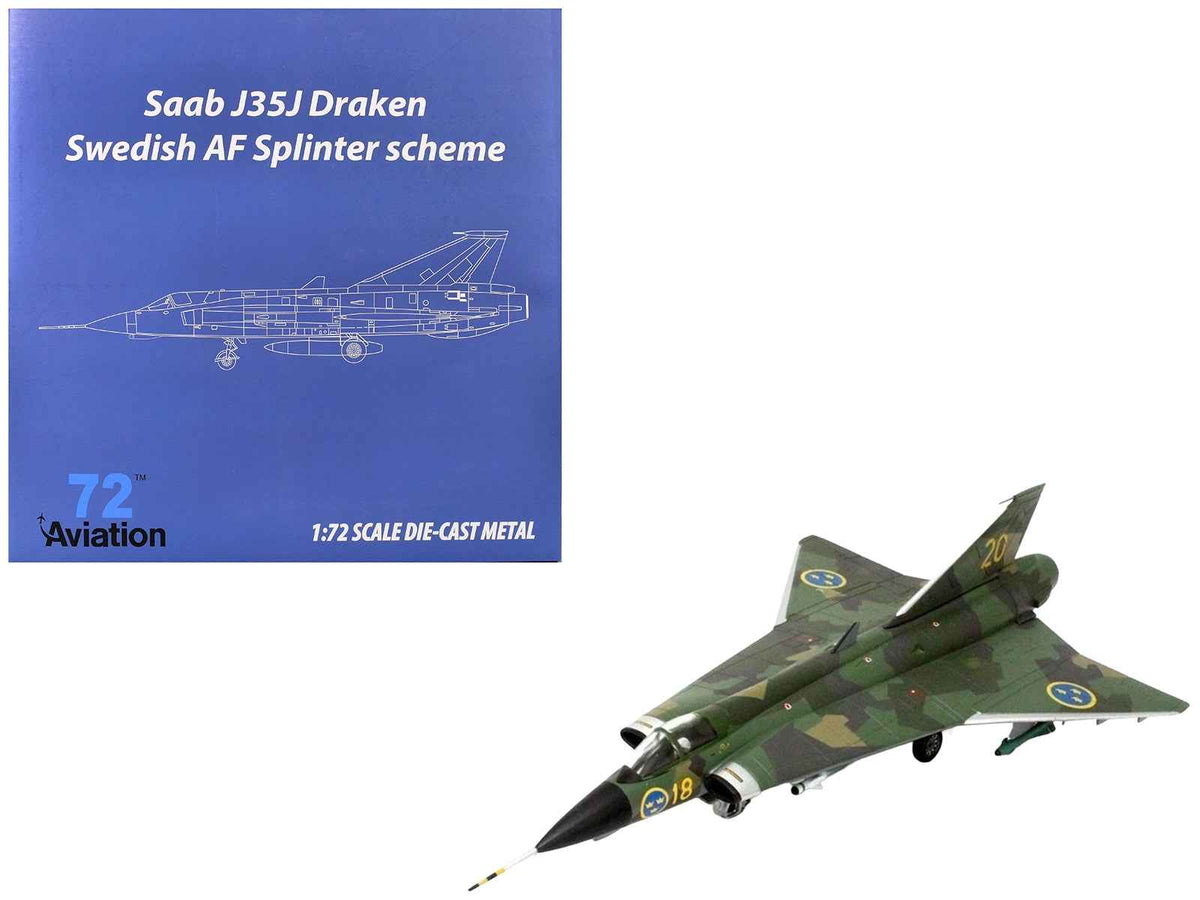 1/72 Saab J35J Draken fighter aircraft model in splinter camouflage by Miniature Motors, detailed Swedish Air Force military diecast.