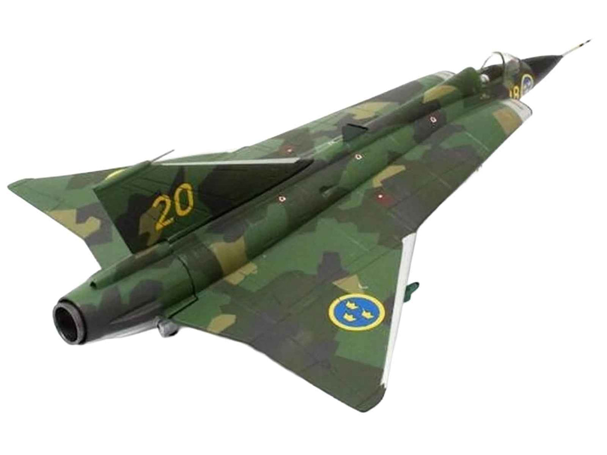 Miniature Motors Saab J35J Draken fighter aircraft model in splinter camouflage, Swedish Air Force 1/72 diecast military airplane.