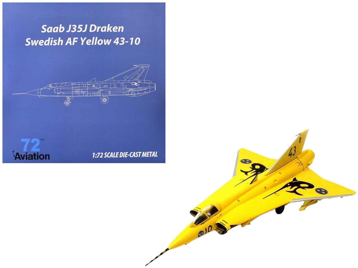 Miniature Motors 1/72 Saab J35J Draken fighter aircraft model in Swedish Air Force final flight livery, detailed diecast military model.