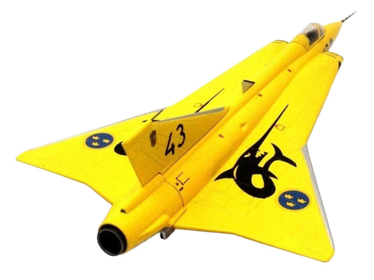 Miniature Motors Saab J35J Draken fighter aircraft model in final flight livery, Swedish Air Force 1/72 diecast military model airplane.