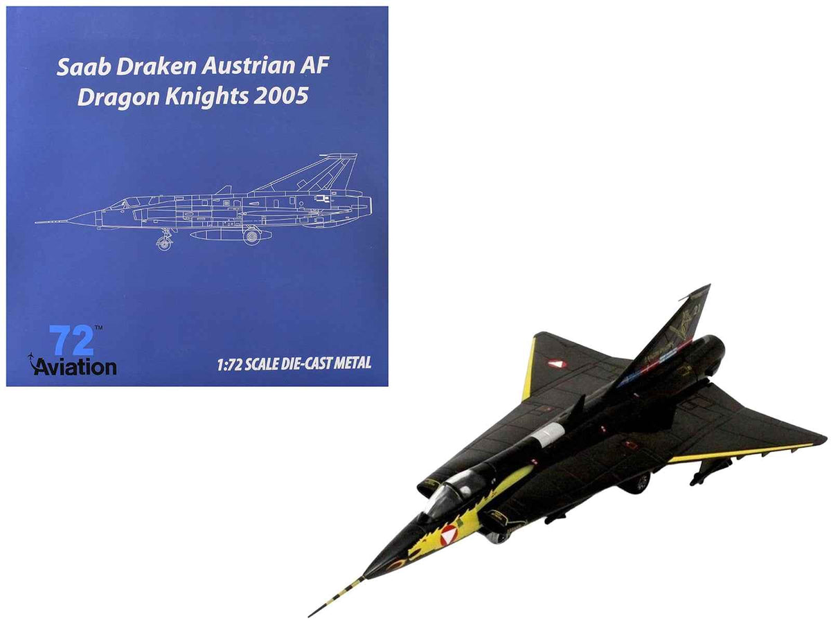 A 1/72 scale diecast model of Saab Draken fighter aircraft with 45th anniversary Dragon Knights livery, Austrian Air Force by Miniature Motors