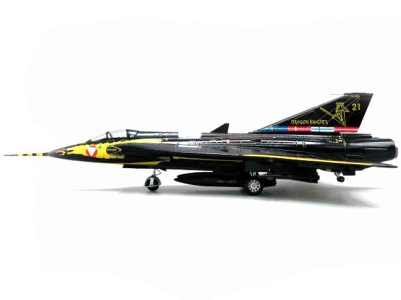 A 1/72 scale diecast model of Saab Draken fighter aircraft in Austrian Air Force 45th Anniversary Dragon Knights livery by Aviation 72