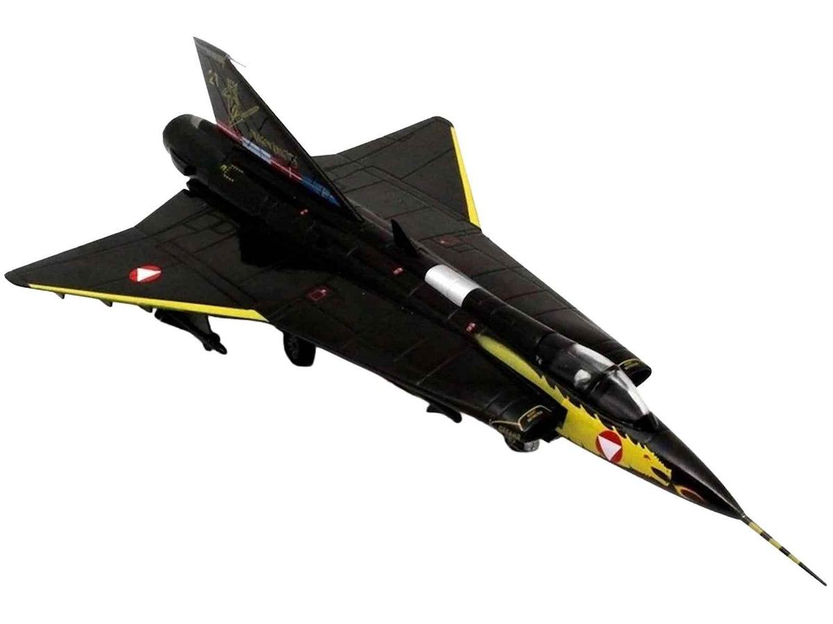 A 1/72 scale diecast model of Saab Draken fighter aircraft with 45th Anniversary Dragon Knights livery by Miniature Motors, Austrian Air Force.