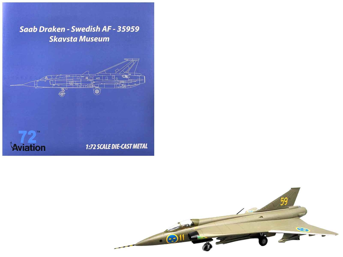 Miniature Motors Saab S35 Draken fighter aircraft model in 1/72 scale, Swedish Air Force 59 F 11 Wing, diecast military model.