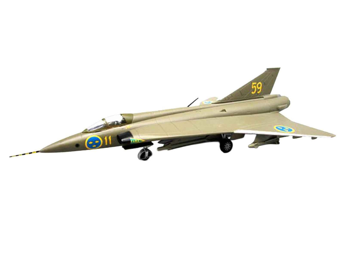 Miniature Motors Saab S35 Draken fighter aircraft model in 1/72 scale, Swedish Air Force 59 F 11 Wing Skavsta Museum diecast airplane.