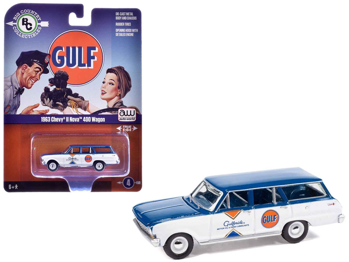 Miniature Motors 1/64 diecast model of 1963 Chevrolet II Nova 400 Wagon in Gulf Blue and White with blue interior, part of Big Country Collectibles.
