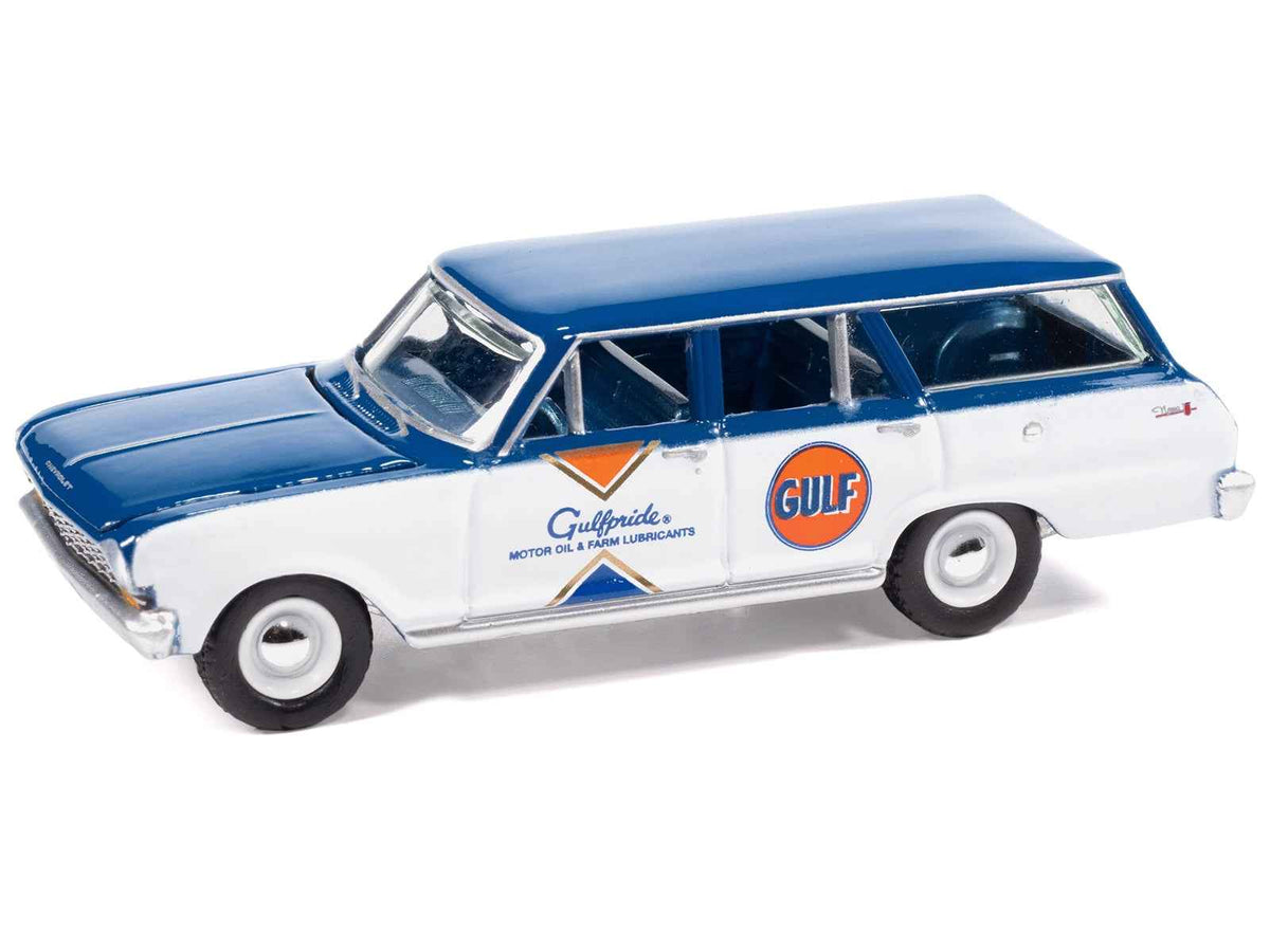 Miniature Motors 1963 Chevrolet II Nova 400 Wagon diecast model in Gulf blue and white with blue interior, part of Auto World's 2025 series.